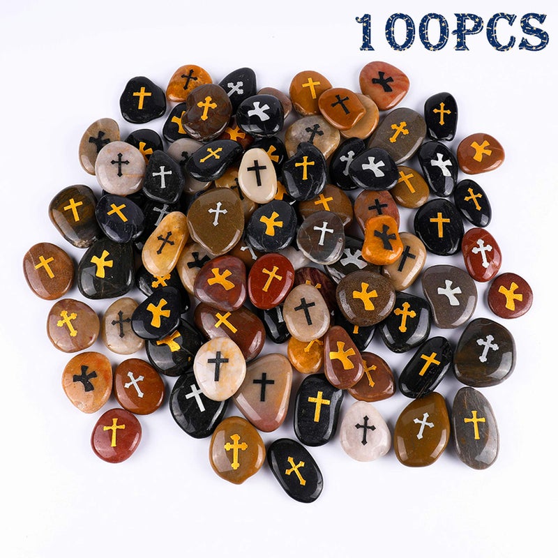 ROCKIMPACT 100PCS Cross Engraved Rocks Inspirational Stones Clinging Cross Heavenly Blessings Gifts Faith Stones Novelty Gratitude Rocks Healing Prayer Stones Encouragement Rocks Wholesale, 2"-3" ea - Image 2
